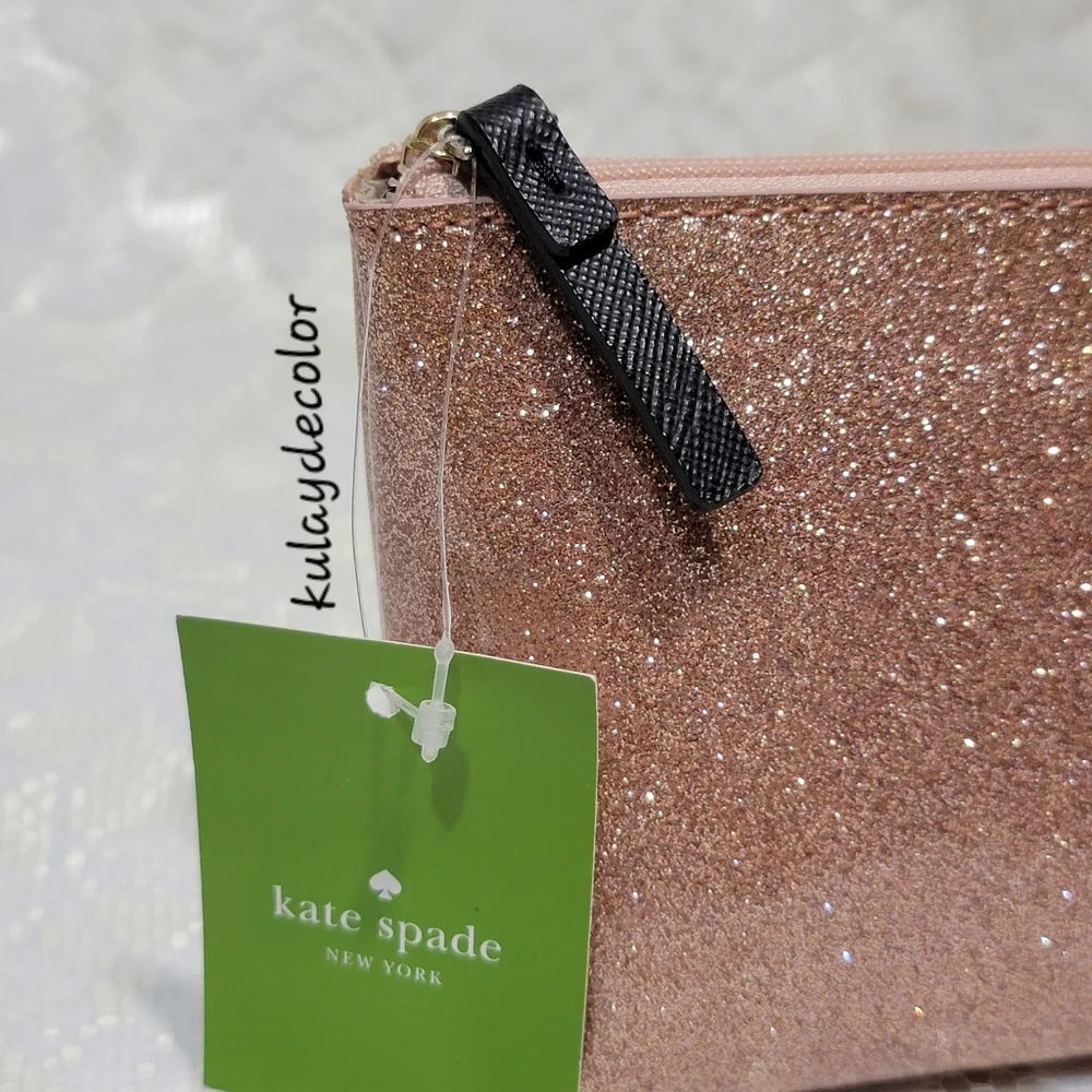 Kate Spade Clutch Makeup Bag Little Shilo Rose Gold Glitter Cosmetic Pouch NWT